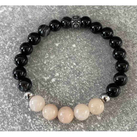 Bracelet en aventurine rose et en onyx noir