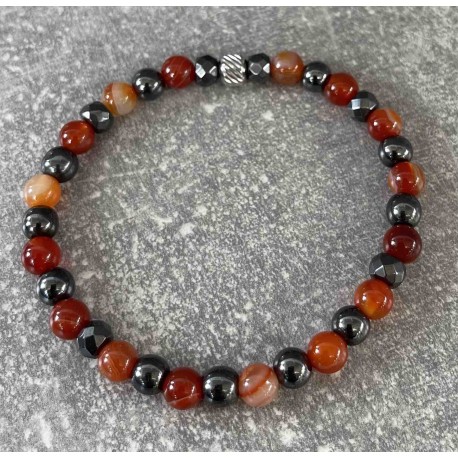 Bracelet en agate rouge orangé et en hématite