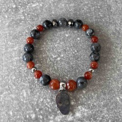 Bracelet en agate rouge feu, agate rouge orangé et Larvikite