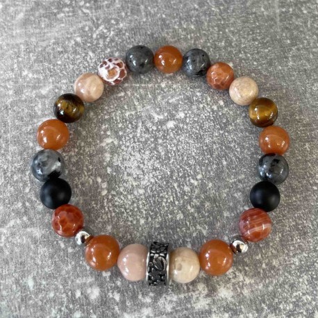 Bracelet en agate rouge feu, oeil de tigre et pierre de lune