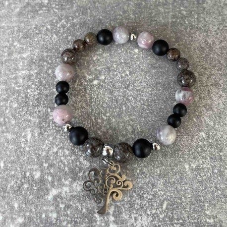 Bracelet en obsidienne, jaspe violet et onyx mat