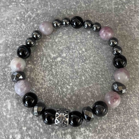 Bracelet en onyx noir,jaspe violet et hématite