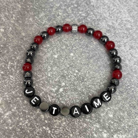 Bracelet en calcédoine rouge et hématite
