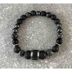 Bracelet en Larvikite, pierre de lave et hématite