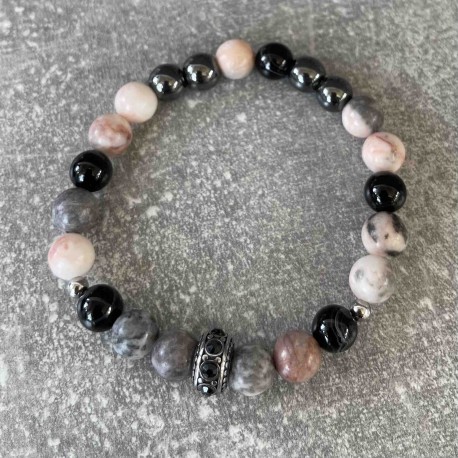 Bracelet en jaspe gris et jaspe zèbre rose