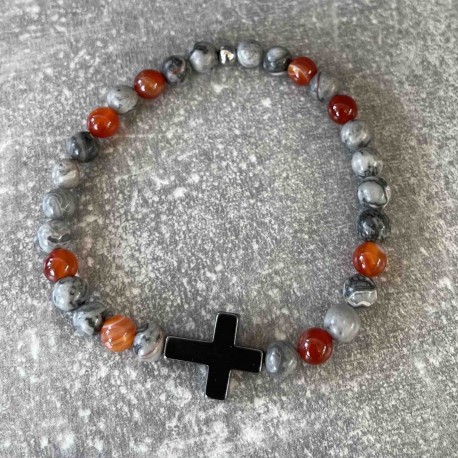 Bracelet en agate roue, jaspe gris et hématite